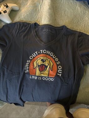 Life Is Good Navy Graphic Dog Tee with Yellow Pup and Orange Sun